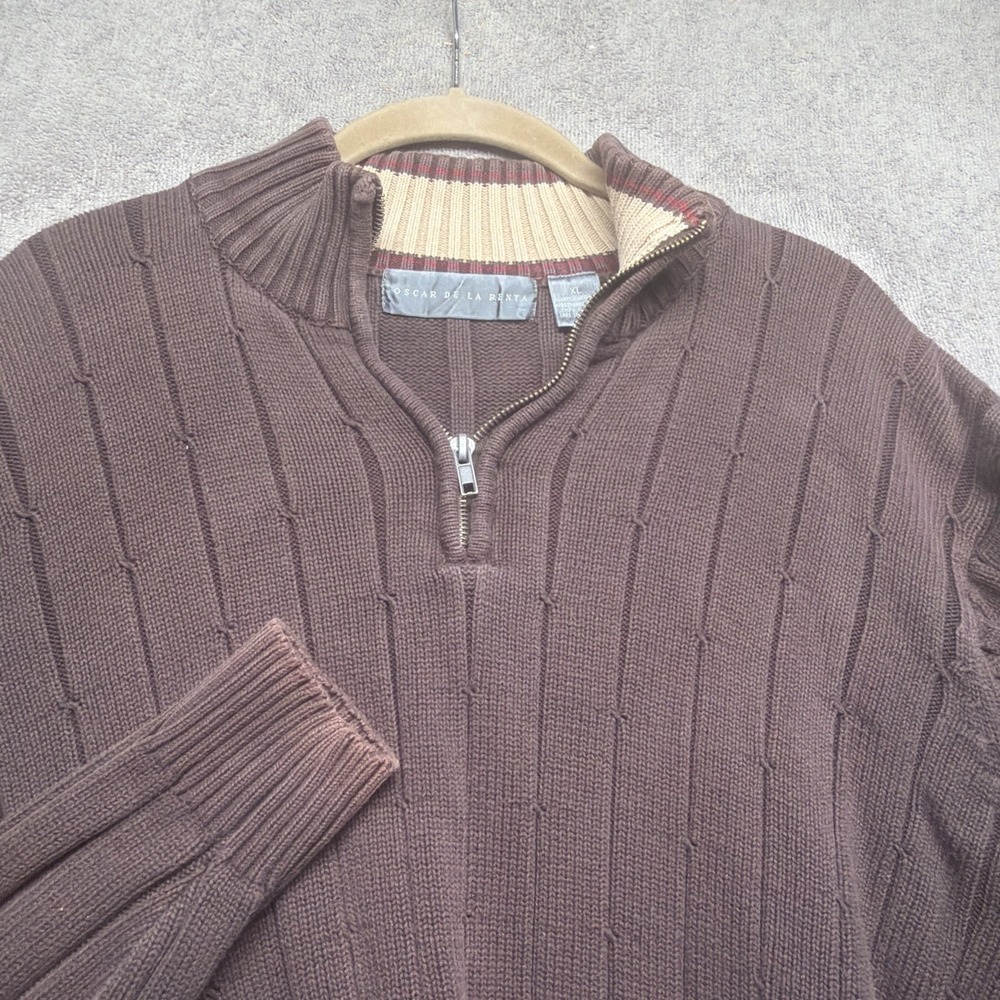Oscar de la Renta Quarter Zip Sweater Mens XL‎ Brown Ribbed Knit Pullover